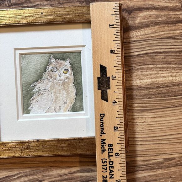 Mini Owl Watercolor Painting Gold Gilt Frame Square 6 x 6 Handmade Drawing OOAK - Picture 5 of 6